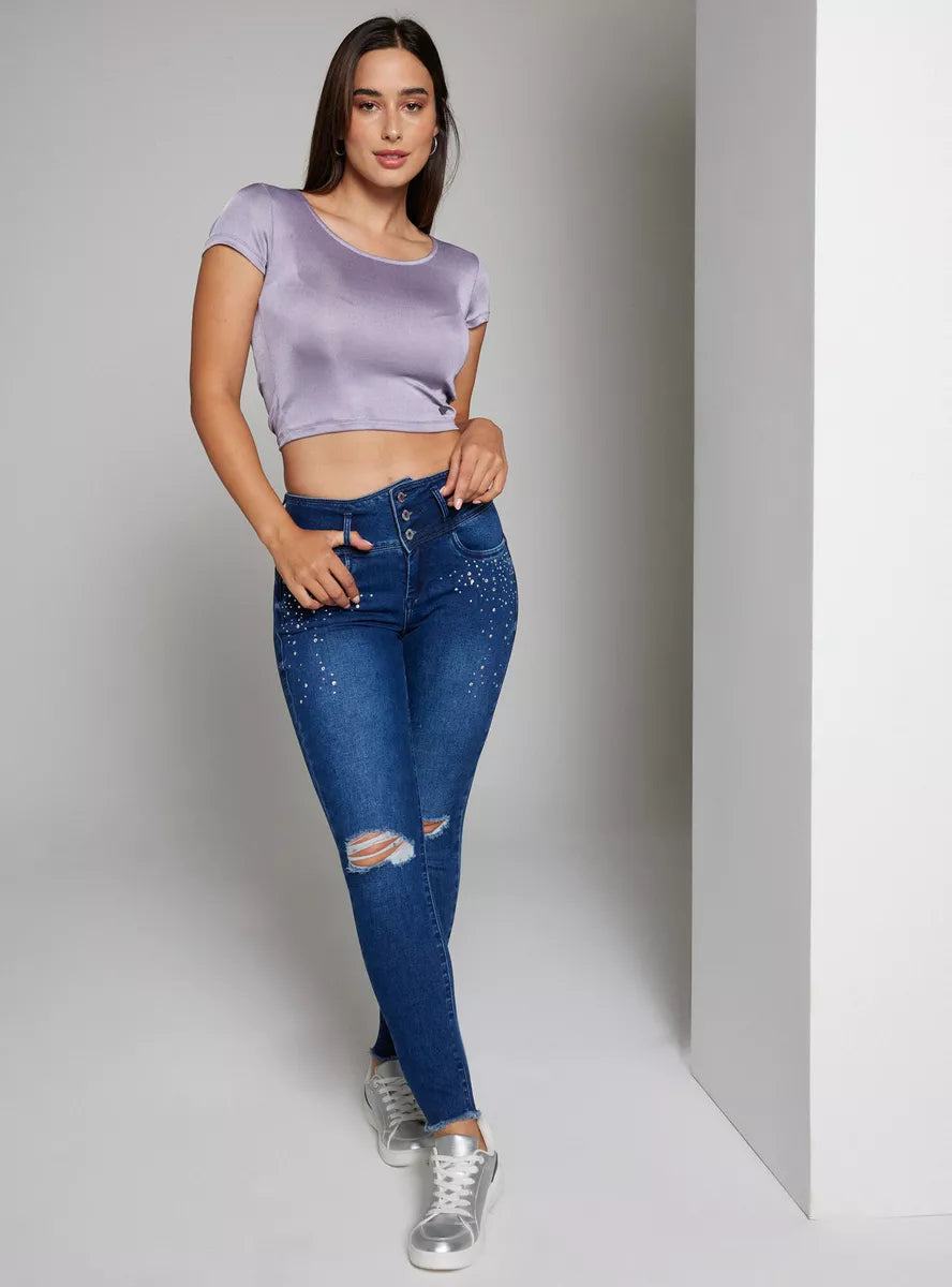 Jeans J.J.O 3 Botones Push Up Roturas Y Tach 