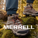 Merrell hiking boots on mossy rocks in forest, ideal for outdoor adventures and trail walking